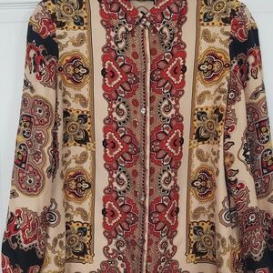 Vintage Dana Buchman Red and Cream Paisley Scarf Print Silk Blouse Sz. M